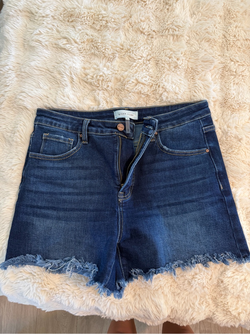 High-Rise Dark Blue Frayed Hem Denim Shorts